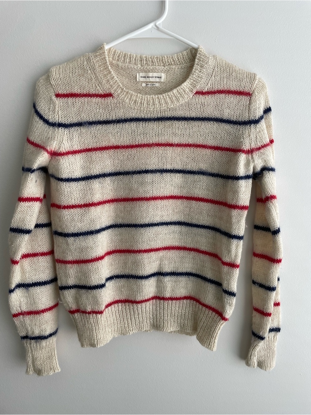Striped Crewneck Sweater in Cream with Red & Navy Stripes